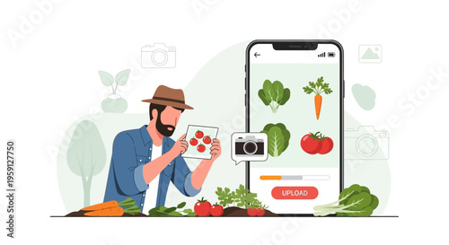 Farmer using smartphone app to identify and upload fresh organic vegetables and fruits
