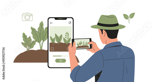 Farmer using smartphone for plant analysis and growth monitoring in agriculture