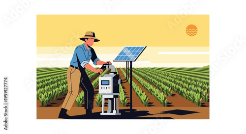 Farmer using solar-powered irrigation system in a lush green field at sunset