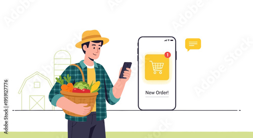 Farmer with basket of fresh produce checks new order notification on smartphone at farm