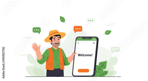 Farmer Welcomes You with Smartphone, Digital Farming and Agribusiness Concept