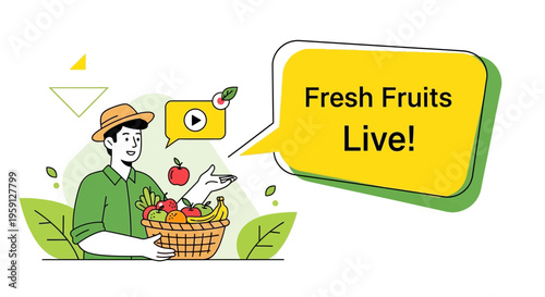 Farmer with Basket of Fresh Fruits, Live Sale Announcement