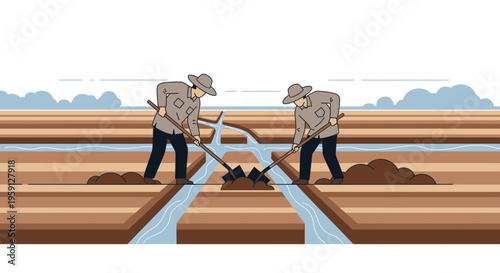 Farmers irrigating fields with shovels, traditional agriculture, water channels