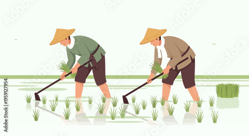 Farmers Planting Rice in Paddy Field, Traditional Agriculture, Asian Rural Life