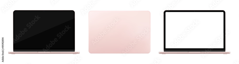 Naklejka premium Detailed pink notebook PC mockup. Front and rear view isolated on transparent background. Vector PNG