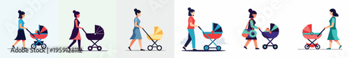 Modern flat vector artwork of a mother walking with a baby stroller, simple geometric shapes, no outline, white background.
