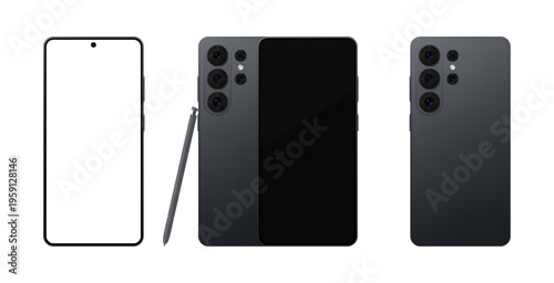 Detailed black new 2026 mobile phone with stylus mockup. Front and rear view isolated on transparent background. Vector PNG