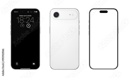 Detailed white new mobile phone mockup. Front and rear view isolated on transparent background. Vector PNG