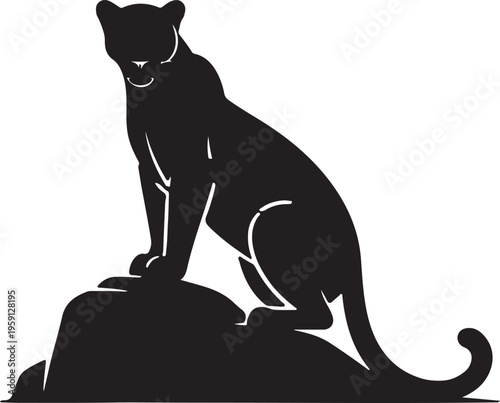 Black silhouette of a cougar sitting on a rock vector illustration