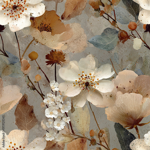 Artistic floral composition with muted earth tones and layered petals creates delicate and elegant botanical design featuring white and beige flowers with subtle blue and brown leaves