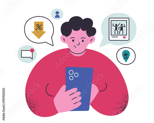 Flat cartoon character with smartphone, checking messages, deals, events, travel spots in fear of missing out. FOMO and digital anxiety, online pressure, grainy texture vector illustration