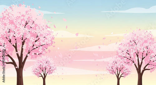 Three pink cherry blossom trees against pastel sunset sky with soft clouds and falling petals