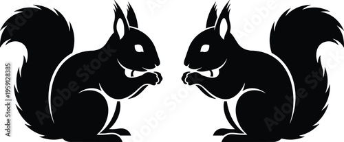 Symmetrical Black Silhouette Illustration of Two Red Squirrels Sitting and Eating Nuts Isolated on White Background for Wildlife Nature Design