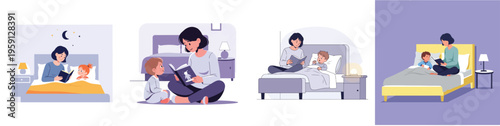 A warm mother-and-child bedtime story interaction, illustrated in minimalist flat vector style, using soft hues, isolated on a white background