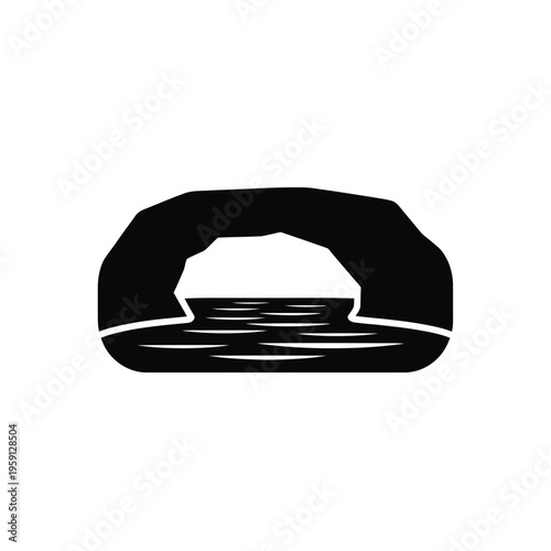 Black and white silhouette of a cave entrance with water