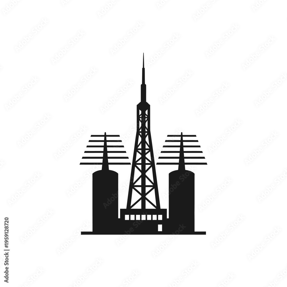 Fototapeta premium Black silhouette of radio tower with antennas and buildings