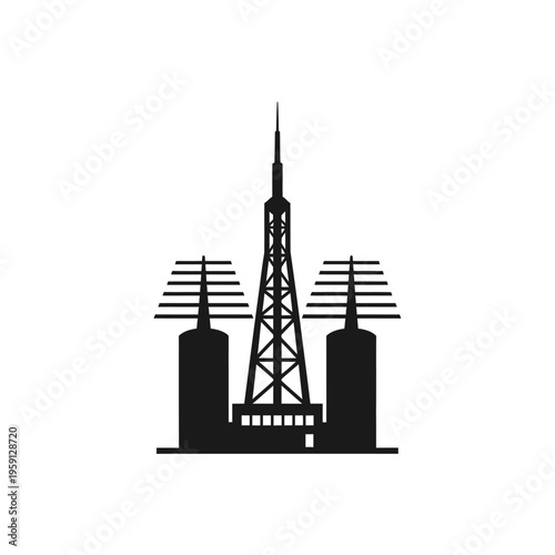 Black silhouette of radio tower with antennas and buildings