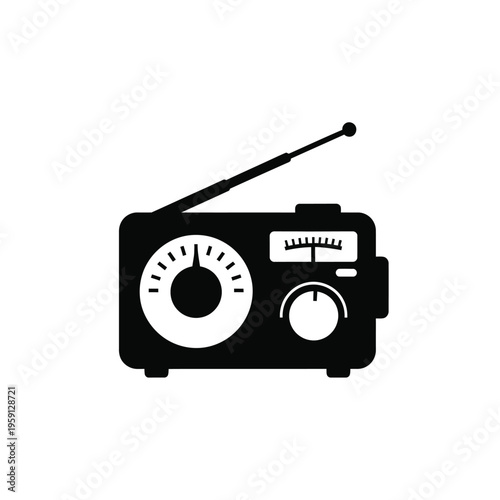 Black and white retro radio with antenna and dials