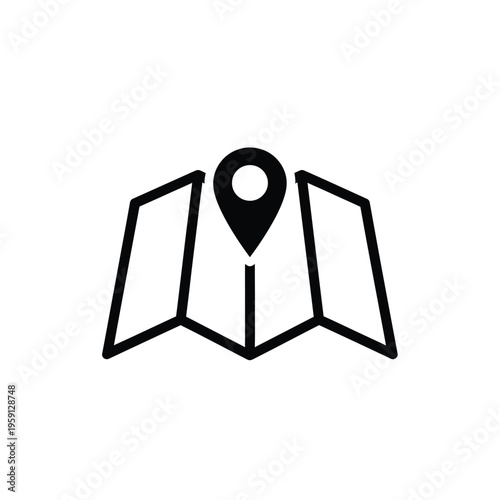Black map with location pin in center of folded paper