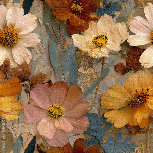 Pressed wildflower collage with layered mixed media texture in warm tones, featuring delicate petals and leaves creating artistic natural composition full of rustic charm and soft colors