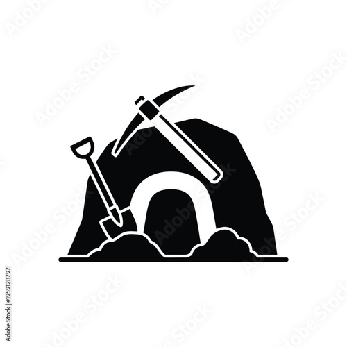 Black and white of mining tools over cave entrance