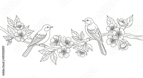 Two birds sitting on a blooming cherry blossom branch in springtime with flowers and leaves