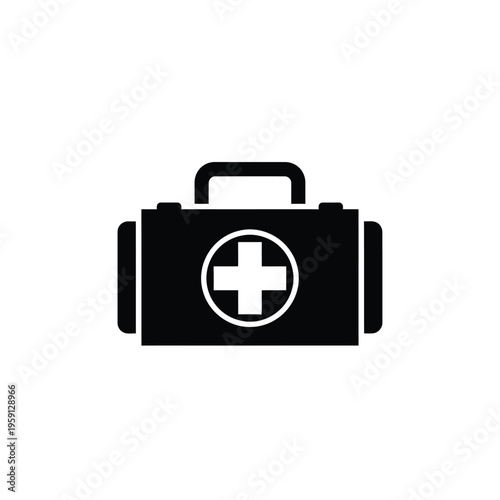Black first aid kit with white cross on a plain background