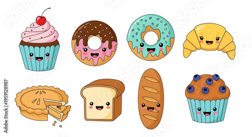 Cute Kawaii Bakery Food Characters: Cupcakes, Donuts, Croissant, Pie, Bread