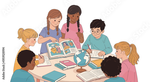 Diverse children studying together around a table with books and globe