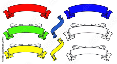 Colorful Ribbon Banners Set - Red, Blue, Green, Yellow, White - Vector Graphics