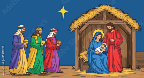 Nativity Scene: Three Kings Visit Baby Jesus in Stable with Mary and Joseph