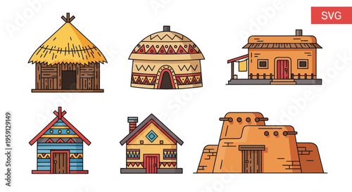 Set of Traditional Village Huts and Houses, Ethnic Architecture Illustrations