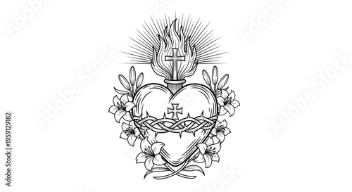Sacred Heart illustration with thorns, cross, flames, and lilies
