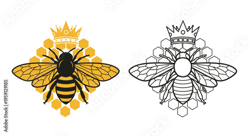 Royal Bee Emblem with Honeycomb and Crown - Color and Outline