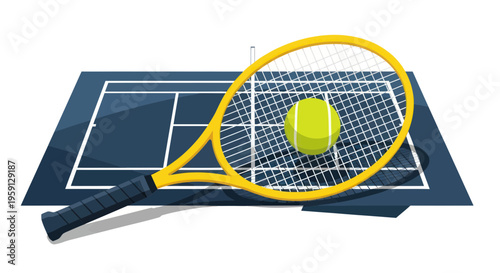 Tennis racket and ball on blue court, sports equipment, active lifestyle