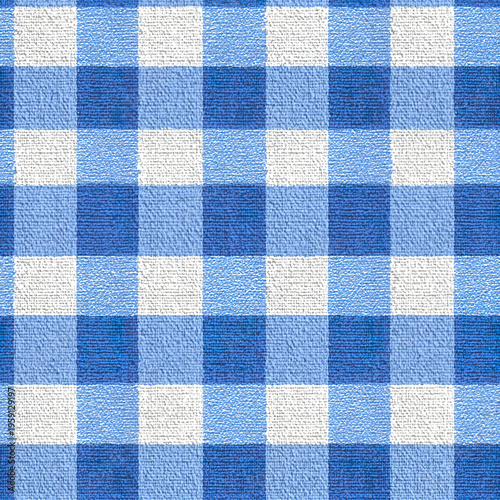 Blue gingham check pattern with textured fabric surface in light and dark shades creating seamless, classic, and cozy textile design for various uses