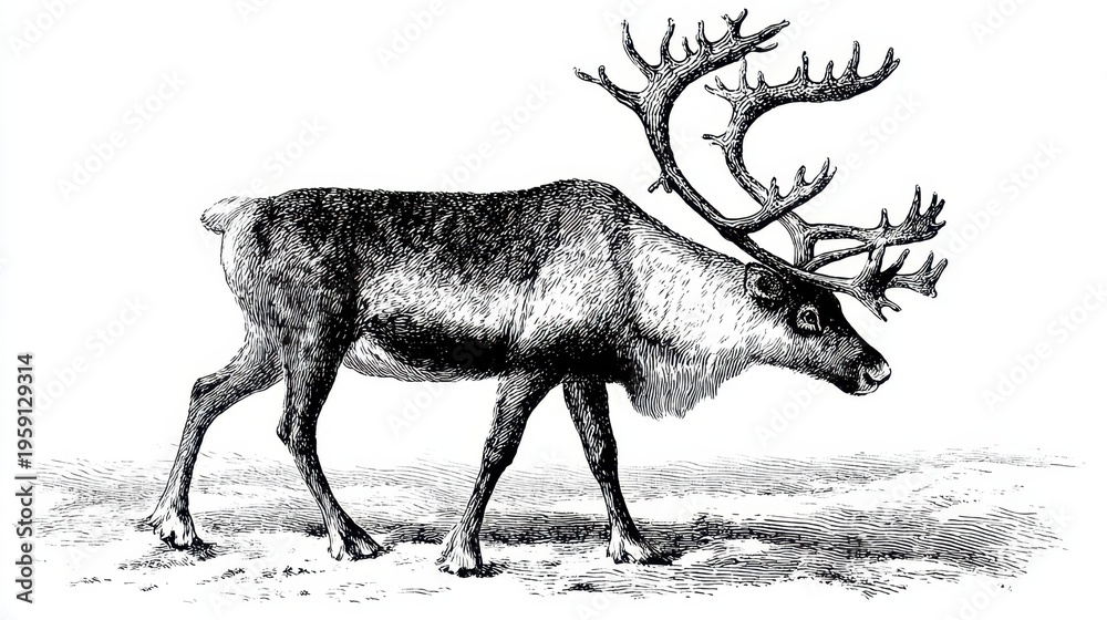 Naklejka premium Black and white engraving of a reindeer walking with large antlers and textured fur on white background in vintage style