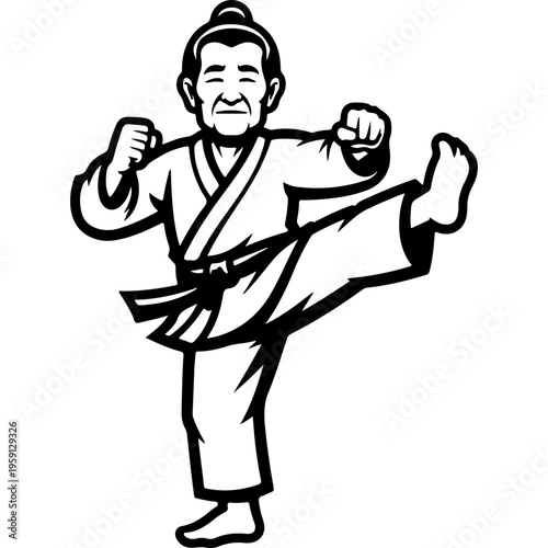 Aged karate master in gi performing high kick, topknot, fierce joyful expression, dynamic pose, black and white vector martial arts mascot logo
