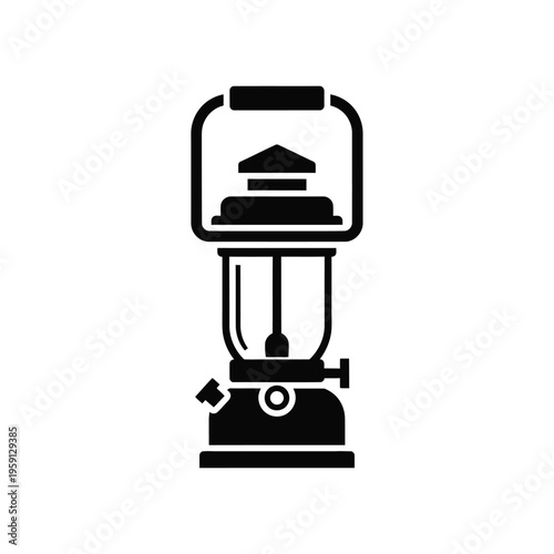 Black and white of a vintage lantern with three stacked mountains