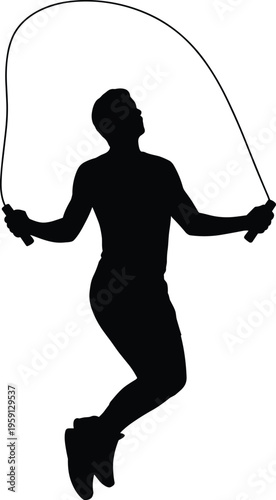 Jump rope exercise silhouette, cardio workout concept, fitness training activity, athletic person skipping rope, healthy lifestyle, black vector illustration isolated on white background