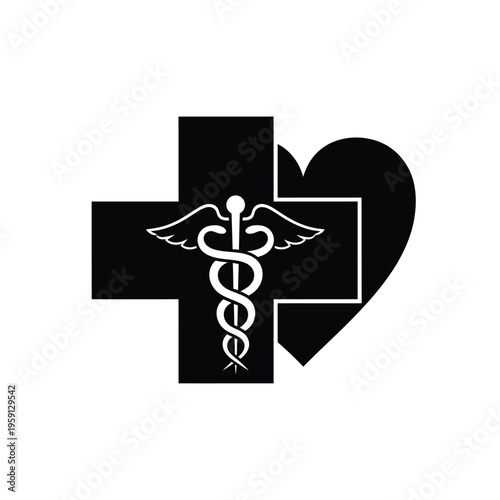 Black cross and heart with medical caduceus symbol in center