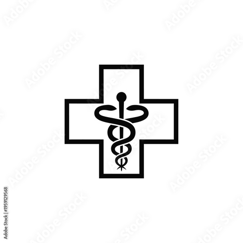 Black medical cross with snake-entwined staff in center