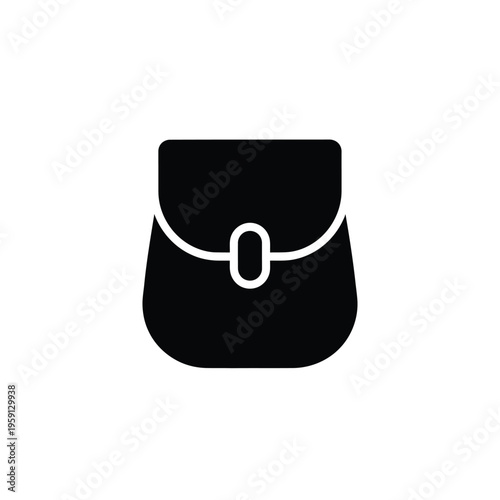 Black and white of a closed handbag with round buckle