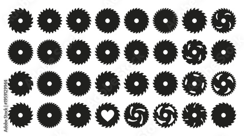 Circular Saw Blade Vector Illustration Set – Black Silhouettes of Industrial Cutting Tools with Varied Tooth Patterns – Construction, Carpentry, Hardware Equipment Art for Branding