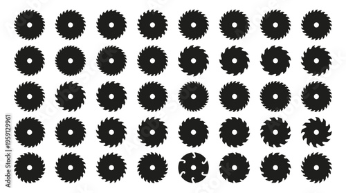 Circular Saw Blade Vector Illustration Set – Black Silhouettes of Industrial Cutting Tools with Varied Tooth Patterns – Construction, Carpentry, Hardware Equipment Art for Branding