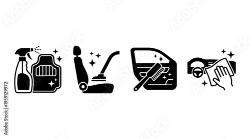 Car Cleaning Vector Illustration Set – Black and White Icons of Washing, Wiping, Spraying, and Soapy Bucket – Auto Detailing Graphic Art for Service Branding