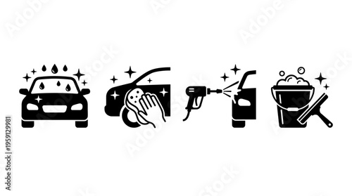 Car Cleaning Vector Illustration Set – Black and White Icons of Washing, Wiping, Spraying, and Soapy Bucket – Auto Detailing Graphic Art for Service Branding