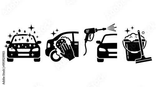 Car Cleaning Vector Illustration Set – Black and White Icons of Washing, Wiping, Spraying, and Soapy Bucket – Auto Detailing Graphic Art for Service Branding