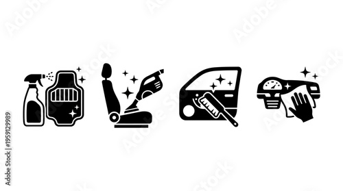 Car Cleaning Vector Illustration Set – Black and White Icons of Washing, Wiping, Spraying, and Soapy Bucket – Auto Detailing Graphic Art for Service Branding