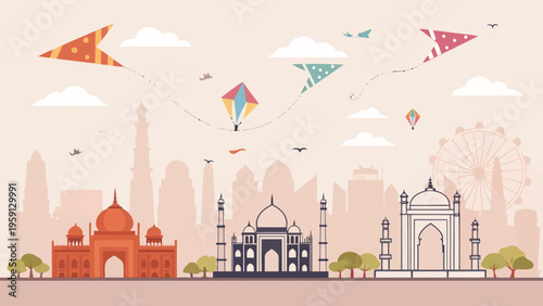 Vibrant indian city skyline with colorful kites and iconic landmarks cultural festival celebration